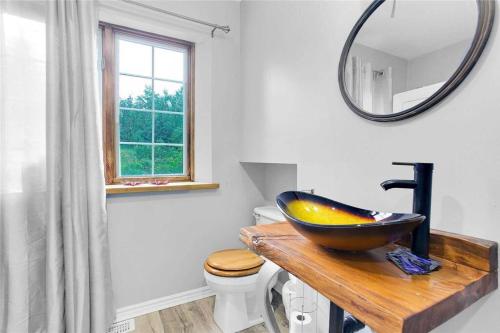 a bathroom with a bowl sink and a mirror at Lovely Muskoka Waterfront Cottage-Hot tub & Sauna! in Bracebridge