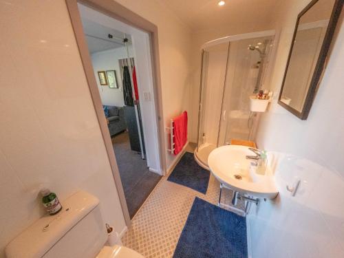 a bathroom with a white toilet and a sink at Brophys Beach Studio in Whitianga