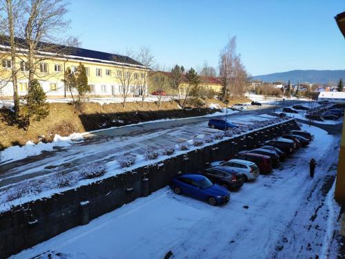 a row of cars parked in a parking lot covered in snow at Rodinný apartmán Frymburk u aquaparku in Frymburk