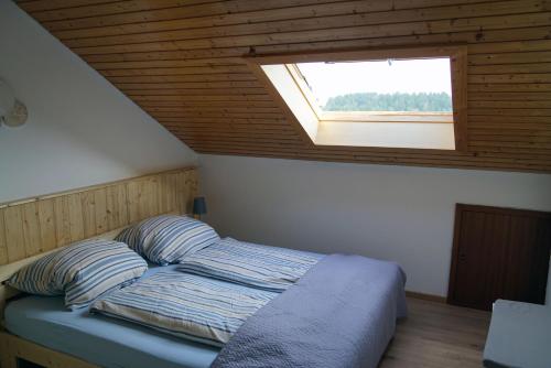 1 cama con 2 almohadas en una habitación con ventana en FeWo Horb Am Neckar, en Horb am Neckar