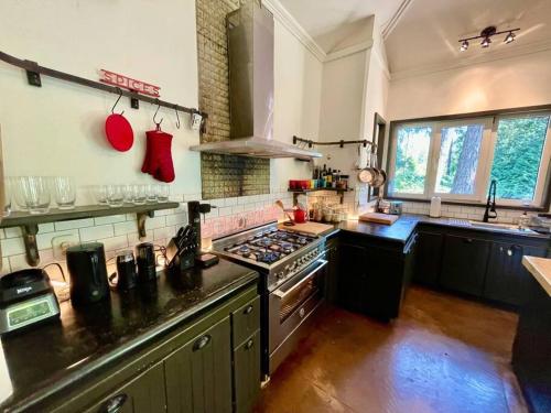 a kitchen with a stove top oven in a kitchen at Sauna + Spa @ Boho House on Bowen Island in Bowen Island