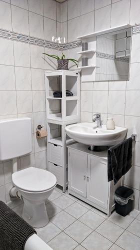 a white bathroom with a toilet and a sink at Bei den Hartmanns in Rieden