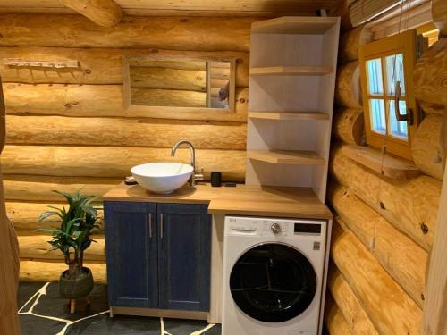 a bathroom with a washing machine and a sink at Russet & Rowanberry - Rowanberry Holiday House in Kriilevälja