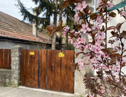 a wooden gate in front of a house with pink flowers at Diófa Vendégház, Zebegény in Zebegény