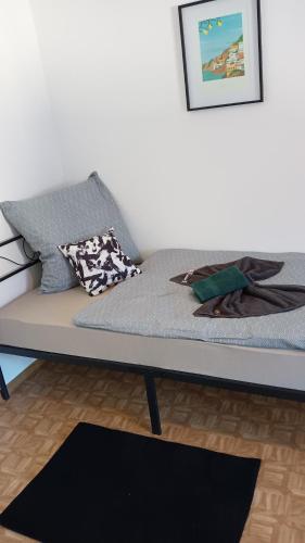 a couch with pillows on it in a living room at Stellas Monteurwohnungen in Crimmitschau