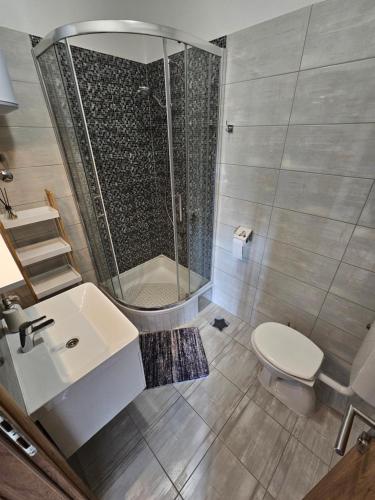 un bagno con doccia, lavandino e WC di Apartments Grgic a Trogir