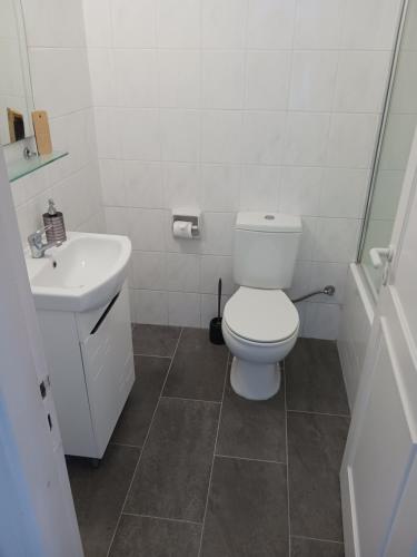 bagno bianco con servizi igienici e lavandino di Modern Penthouse Sea View apartment Regina Gardens a Paphos