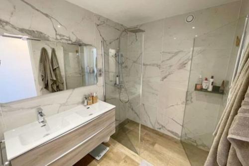 une salle de bain avec un lavabo et une douche dans l'établissement Le Panoramique, à Marseille