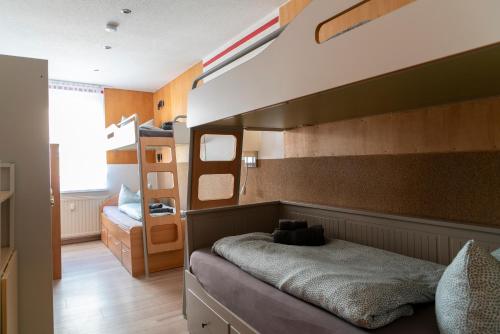 a bedroom with a bunk bed and a ladder at Hostel Senftenberg in Senftenberg