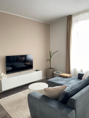 a living room with a couch and a tv at Moderne und stilvolle Wohnung direkt am Teich in Altenburg