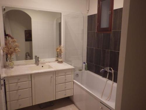 une salle de bain avec un lavabo, une baignoire et un miroir dans l'établissement Chez Dalmasso, à Arles