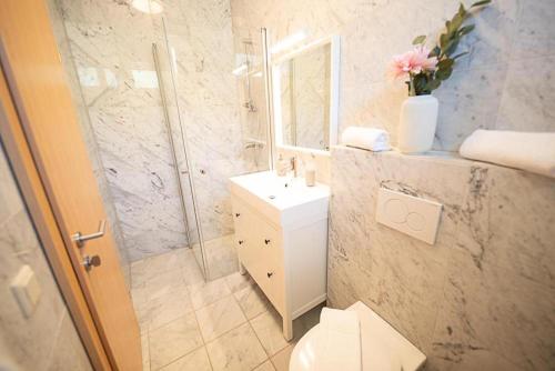 a bathroom with a shower and a toilet and a sink at Landhaus Appartements Gretl by S4Y in Krumpendorf am Wörthersee