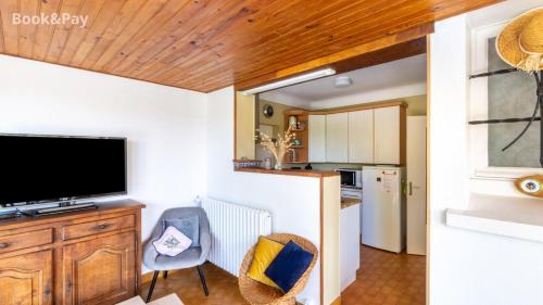 - une cuisine avec une télévision à écran plat dans la chambre dans l'établissement Le Crépuscule, 300m de la plage, animaux de compagnie bienvenue, à Gouville-sur-Mer