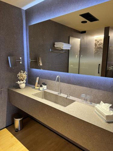 baño con lavabo y espejo grande en ACOUGA Hotel Boutique, en Celanova