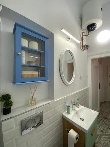 Hey Central Apartment في تيميشوارا: حمام مع خزانة زرقاء ومغسلة