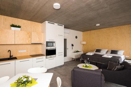 a kitchen and a living room with a bed and a couch at Residence Trafick in Prague