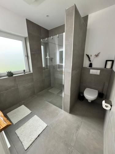a bathroom with a shower stall and a toilet at Schönes Ferienhaus mit Sauna am Harkebrügger See in der Nähe von Oldenburg in Barßel