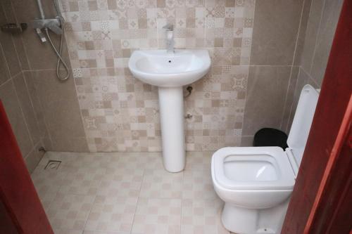 La salle de bains est pourvue d'un lavabo et de toilettes. dans l'établissement NIKOPS ROYAL HOTEL, à Accra