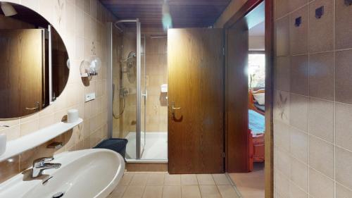 a bathroom with a shower and a sink and a tub at Ferienappartement WildeAhr in Rech