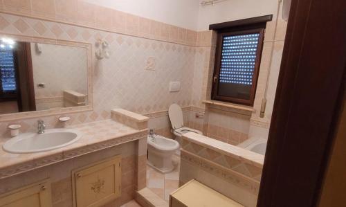 a bathroom with a sink and a toilet and a mirror at A casa di Ale in Frascati