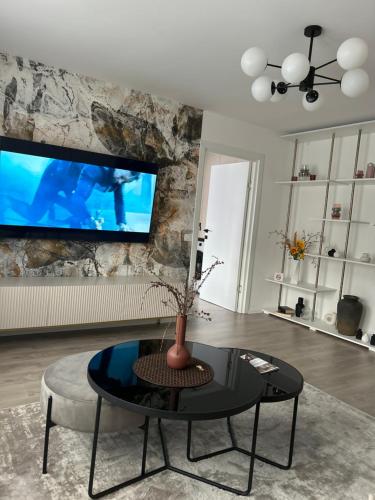 Una televisión o centro de entretenimiento en Est One Apartament 2 camere semidecomandat