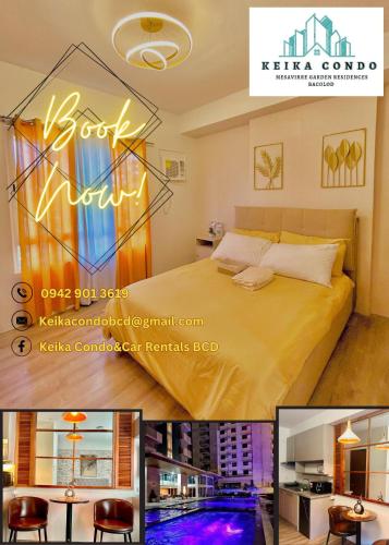 Habitación de hotel con cama y piscina en KeikaCondo BCD en Bacolod