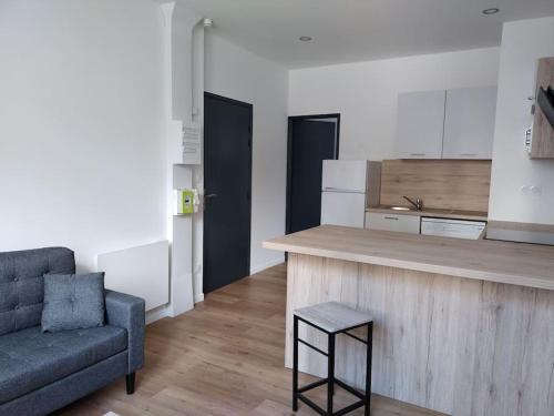 un salon avec un canapé et une cuisine dans l'établissement Appartement proche centre-ville, à Langogne