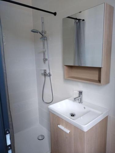 une salle de bain blanche avec un lavabo et une douche dans l'établissement Appartement proche centre-ville, à Langogne