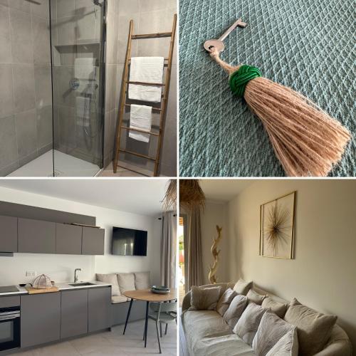 une cuisine et un salon avec un canapé et un balai dans l'établissement T4 Cala Rossa - 3 Ch - Piscine et Plage à pied, à Lecci