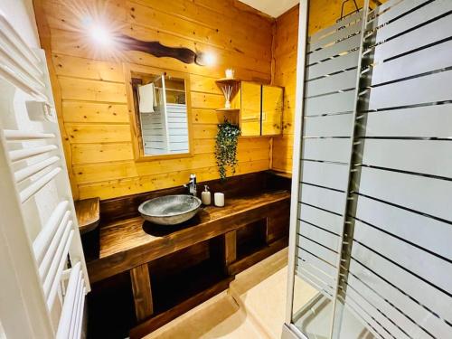 a bathroom with a sink in a wooden cabin at Appartement T3 Allemond in Allemont
