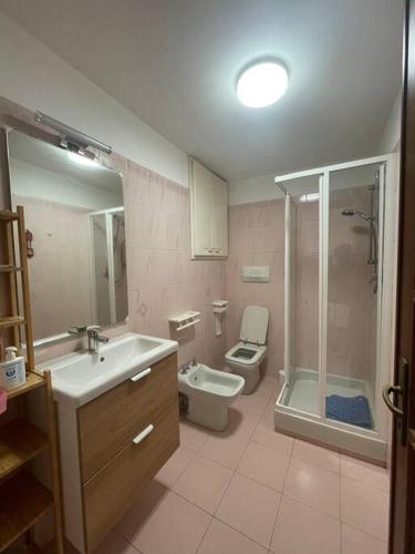 La salle de bains est pourvue d'un lavabo, de toilettes et d'une douche. dans l'établissement A casa di Atti, à Biassa