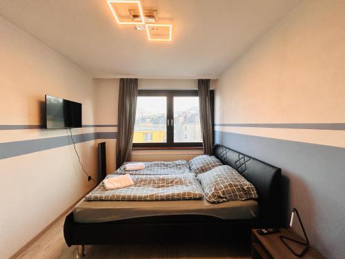 ein Schlafzimmer mit einem Bett in einem Zimmer mit einem Fenster in der Unterkunft Apartment Wien - Near Schönbrunn Palace in Wien