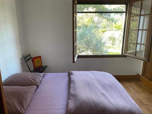 un lit dans une chambre avec une grande fenêtre dans l'établissement Appartement au fond du jardin, à Saint Jean du Pin