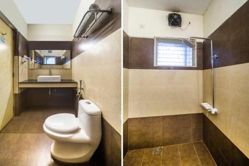 twee foto's van een badkamer met een toilet en een douche bij Blossoms Hotel & Service Apartments in Chennai