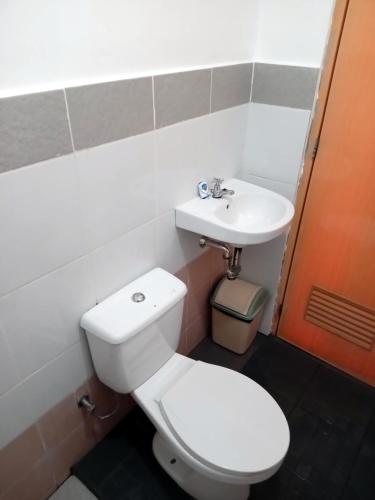 a bathroom with a white toilet and a sink at Banamboo in Badian