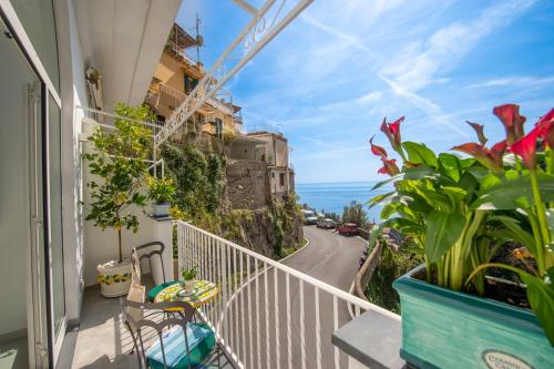 balcone con piante e vista su una strada di Casa Carmela a Positano