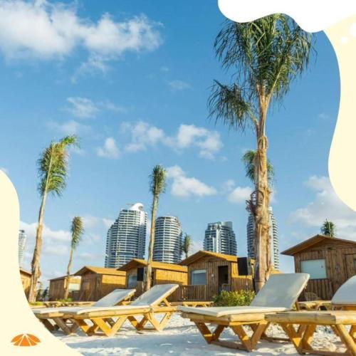 Safy Bay Resort في العلمين: مجموعة من طاولات النزهة على الشاطئ مع أشجار النخيل