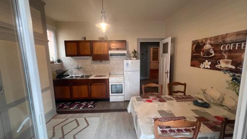 une cuisine avec une table et un réfrigérateur blanc dans l'établissement T3 + VÉRANDA A STRASBOURG, à Strasbourg