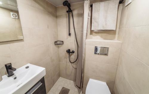 a bathroom with a shower and a toilet and a sink at City Apartments in Tallinn