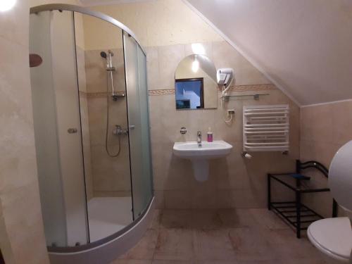 W łazience znajduje się prysznic i umywalka. w obiekcie Dworek Bursztynowe Piaski w Gdańsku