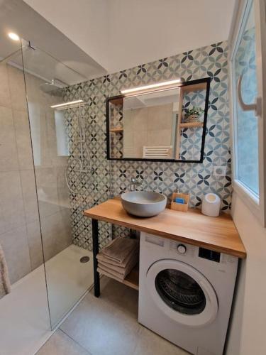 une salle de bain avec un lavabo et une machine à laver dans l'établissement La p'tite cabane - Maisonnette Carnon Plage, à Carnon-Plage
