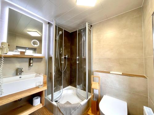 a bathroom with a shower and a toilet and a sink at Naturhotel Gasthof Bärenfels in Kurort Altenberg
