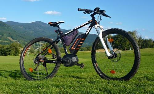a bike parked on the grass in a field at Bungalovy Sepetná - pro 4 osoby in Ostravice
