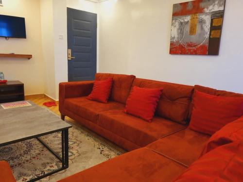 a brown couch with red pillows in a living room at COMFORT E SUITES in Nairobi