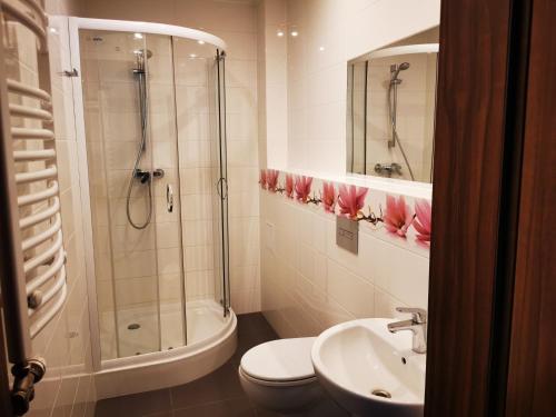a bathroom with a shower and a toilet and a sink at Villa Veell - tylko 4 minuty od pięknej szerokiej plaży in Pobierowo