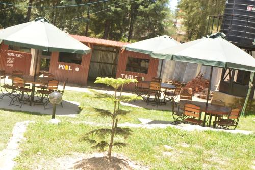 einen Garten mit Tischen, Stühlen und Sonnenschirmen in der Unterkunft THE FARM BAR AND RESTAURANT in Kakamega