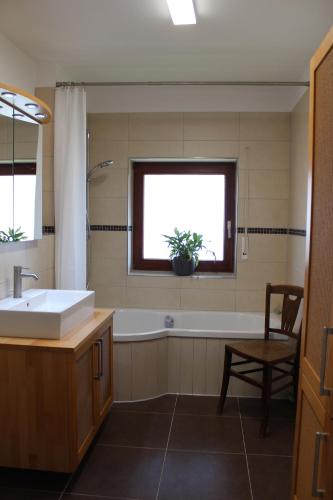 a bathroom with a sink and a bath tub at Ferienwohung Familie Schröttle in Sonthofen