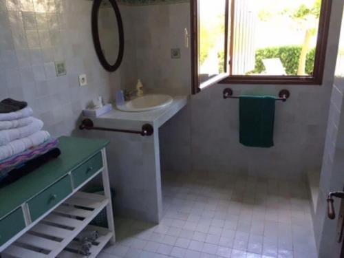 La salle de bains est pourvue d'un lavabo et d'un miroir. dans l'établissement Villa U Castellu vue mer imprenable, à Coti-Chiavari