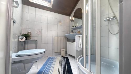 a bathroom with a toilet and a sink and a shower at Ferienwohnung Edeltraud, fußläufig zum See und 20 Minuten vom Skigebiet entfernt in Döbriach