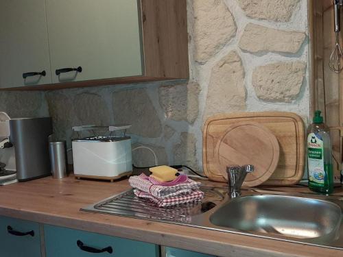 encimera de cocina con fregadero y encimera en Waldhütte Allzunah, en Ilmenau